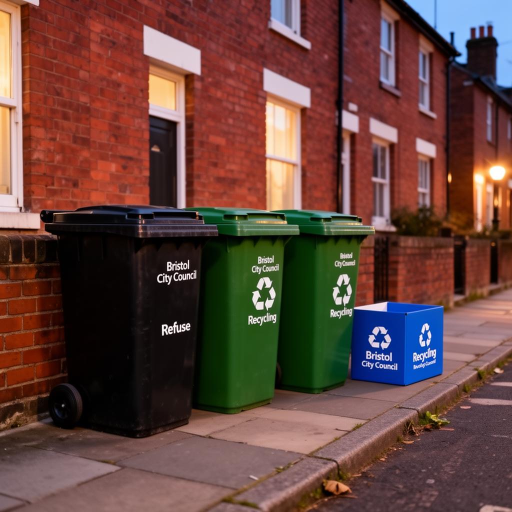 Bristol City Council black, green and blue recycling bins on a red-brick terrace street